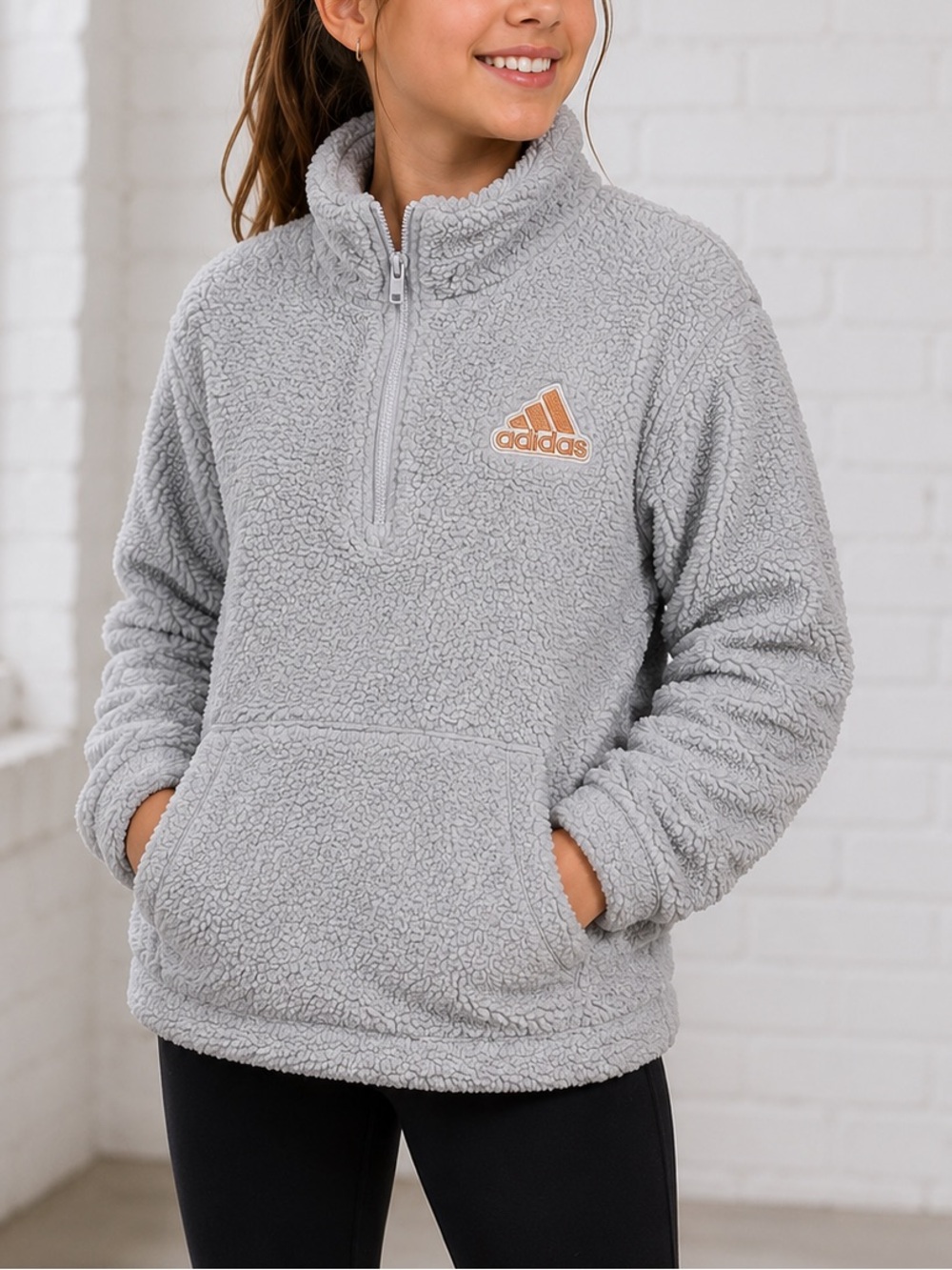 Adidas Kids Gray Sherpa Quarter Zip Pullover Size 8/10 Great Condition